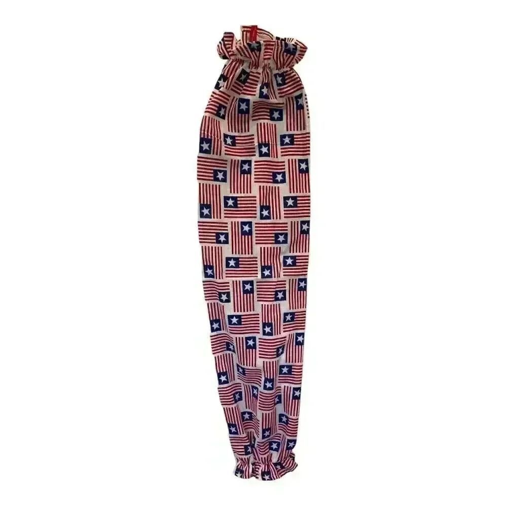 Handmade Plastic Bag Holder- Red White & Blue Flags 1 blue ribbon,1 red, 1 white